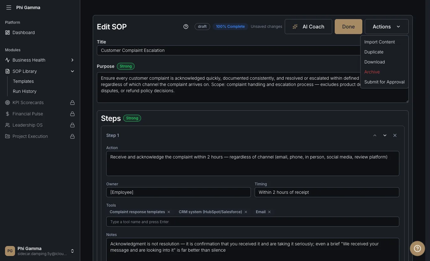 SBOS SOP editor with a Customer Complaint Escalation procedure in draft